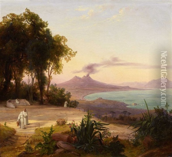 Bucht Von Neapel Mit Blick Auf Den Vesuv Oil Painting - August Wilhelm Julius Ahlborn