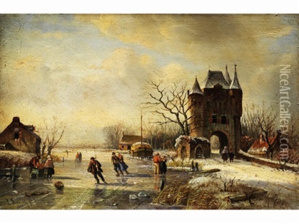 Eisvergnugen In Polderlandschaft Oil Painting - Louis (Ludwig) Sierig