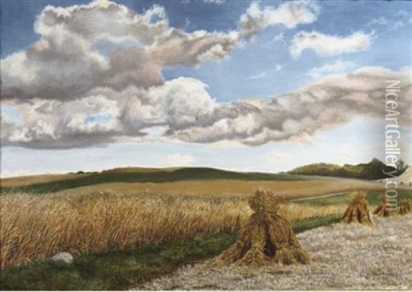 A Hilly Landscape With Corn Sheaves Oil Painting - Albijn van der Abeele