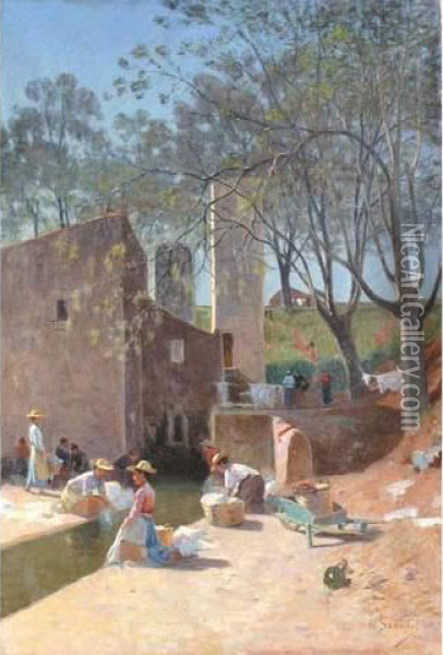 Lavoir En Provence Oil Painting - Gustave Edouard Le Senechal De Kerdreoret