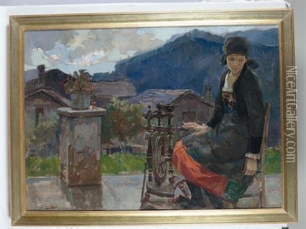 Paesaggio Con Figura Femminile All'arcolaio Oil Painting - Gino Piccioni