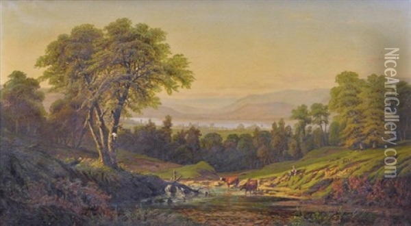 Fading Afternoon Light On Grazing Cattle Oil Painting - Henry Boese