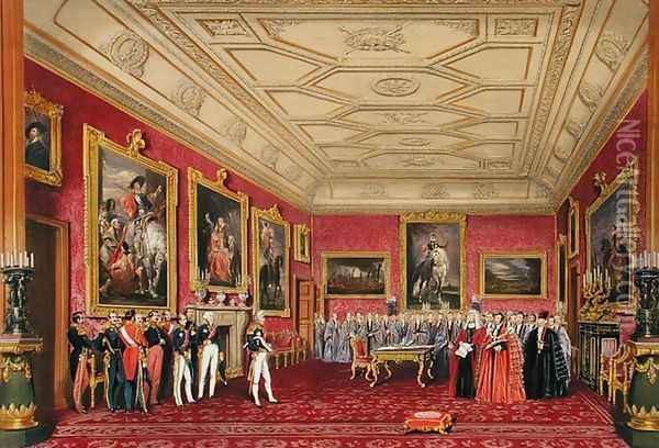 The Rubens Room, Windsor Castle - the King of France receiving an address from the Alderman, 1838 Oil Painting - James Baker Pyne