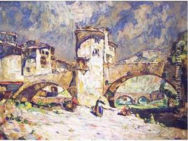 Le Pont Habite Oil Painting - Louis Pastour