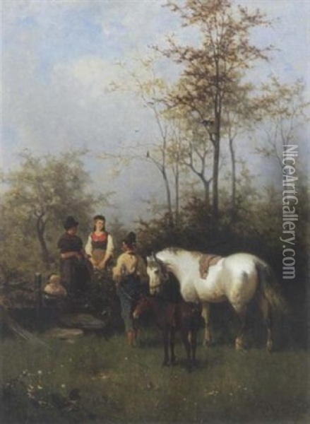 Begegnung Auf Der Pferdekoppel Zur Maienzeit Oil Painting - Julius Noerr