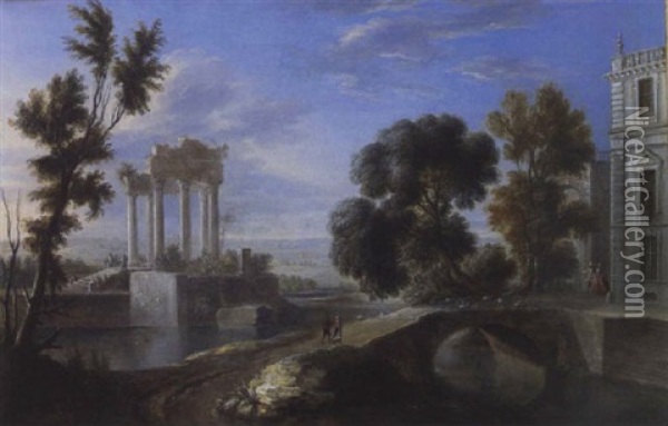 Paysage De Fantaisie Anime Avec Ruines Antiques Et Palais Oil Painting - Orazio Grevenbroeck