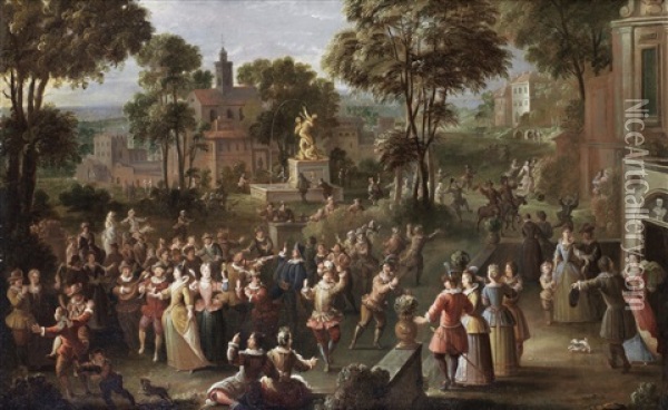 A Fete Champetre; And An Elegant Company At A Ball In An Italianate Garden (2 Works) Oil Painting - Jan-Sebastiaen Loybos