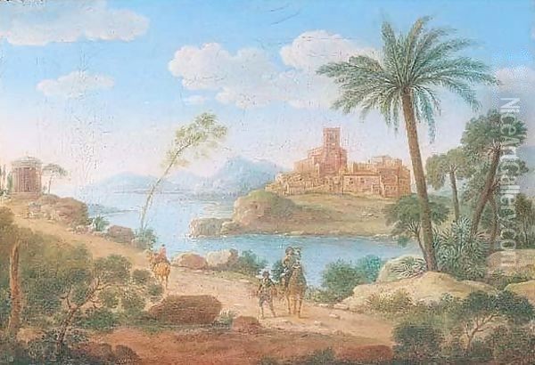 An Italianate Landscape With A Falconer On A Path Near A Classical Rotunda, An Island Town Beyond Oil Painting - Giacomo Van Lint