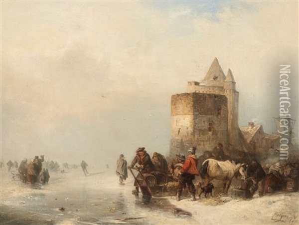 A Frozen Waterway With Figures On The Ice Oil Painting - Carl Hilgers