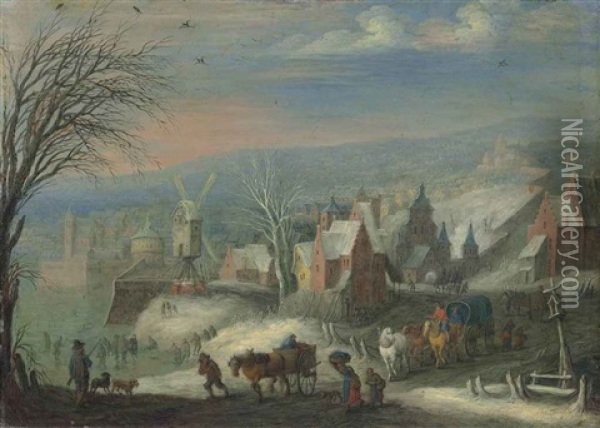 A Winter Landscape With Horse-drawn Carts, A Hunter And His Dogs, And Figures Skating, A Town With A Windmill Beyond Oil Painting - Joseph van Bredael