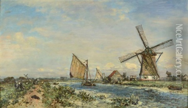 La Meuse Aux Environs De Rotterdam, Printemps Oil Painting - Johan Barthold Jongkind