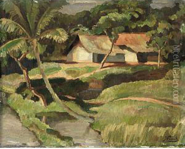 Two Houses In An Indonesian Landscape Oil Painting - Jan Frank Niemantsverdriet