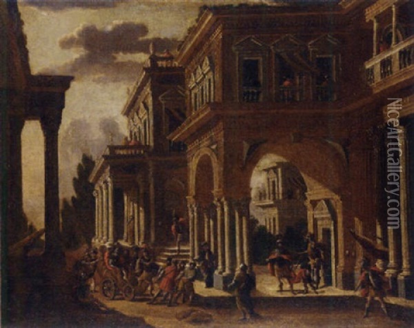 An Imaginary Palace With A Queen In A Chariot Being Presented To A King Oil Painting - Alberto Carlieri