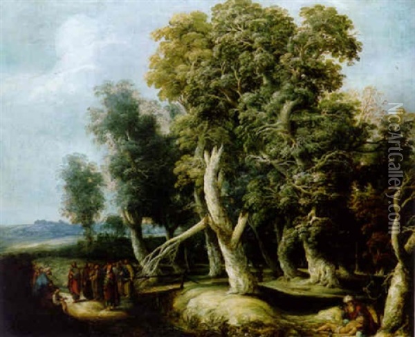 Baumlandschaft, Rechts Unten Der Barmherzige Samariter, Links Eine Biblische Szene Oil Painting - Adriaen Gael the Younger