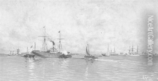 Vapores Y Fragatas La Bahia De Montevideo 1895 Oil Painting - Manuel Larravide