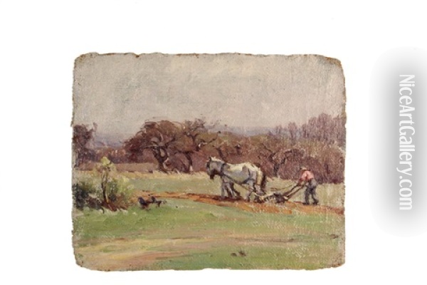 Man Plowing Spring Field With Horse Team, Maine Coast Oil Painting - Mabel May Woodward