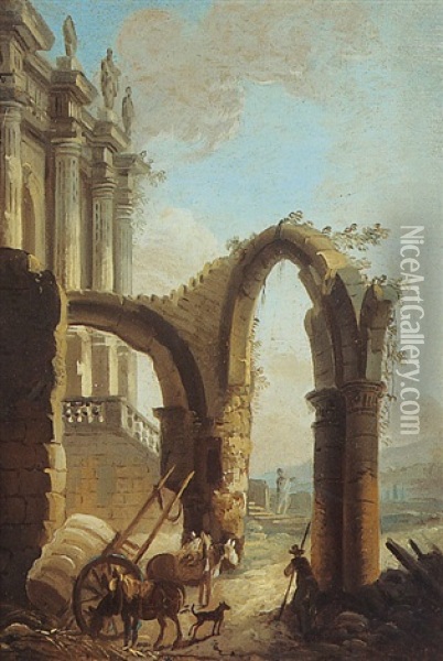 Carriole Et Paysans Devant Les Ruines D'une Eglise Gothique Oil Painting - Pierre Antoine Demachy