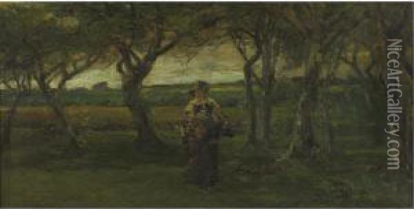 Woman In A Landscape Oil Painting - Walter Shirlaw