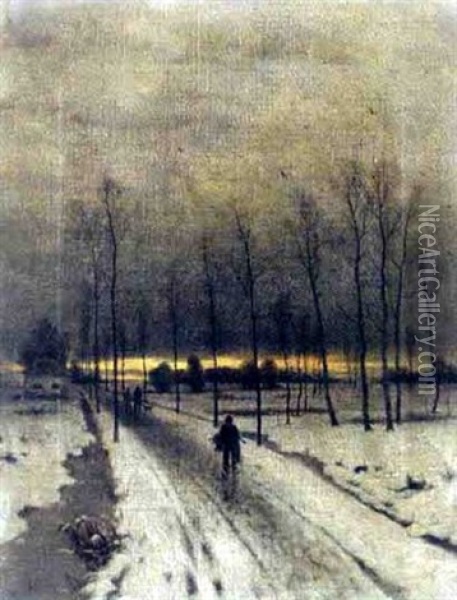 Verschneite Allee Bei Sonnenuntergang Mit Heimkehrenden Jagern Oil Painting - Eduard Hein