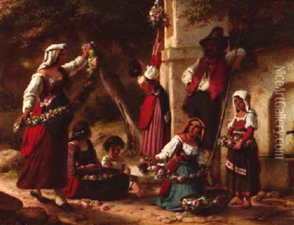 Frauen Und Kinder Beim Blumenbinden Oil Painting - Wilhelm Nerenz