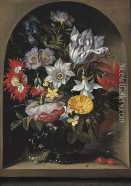 Anemones, A Tulip, An Opium Poppy And Other Flowers In A Glass Vase, With A Sand Lizard And A Ladybird, In A Stone Niche Oil Painting - Jacob Marrel