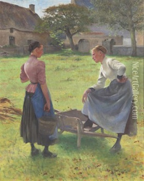 Konversation - Tva Kvinnor I En Tradgard Oil Painting - August Vilhelm Nikolaus Hagborg