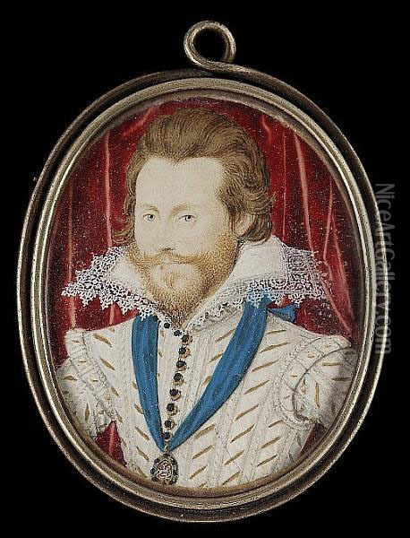 Henry Wriothesely, 3rd Earl Of Southampton (1573-1624), Wearing White Doublet Slashed And Pinked To Reveal Gold, Gold-edged Jewelled Buttons, Starched Lace-edged High Ruff, Blue Sash And Order Of The Lesser George Suspended From His Neck, Crimson Curt Oil Painting - Nicholas Hilliard