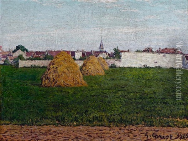 Meules Devant Le Village Oil Painting - Gustave Camille Gaston Cariot
