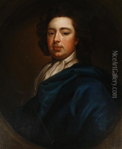 Portrait Of A Gentleman, 
Half-length, In Ablue Mantle And A White Jabot, Within A Painted Oval Oil Painting - Sir Godfrey Kneller