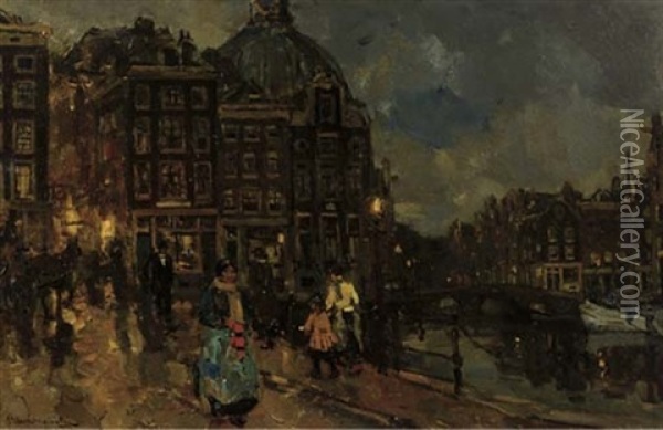 Avondstemming - On The Bridge By The Nieuwedijk And Singel, Amsterdam Oil Painting - Frans Langeveld