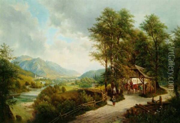 Preparing A Carriage In An Alpine River Landscape Oil Painting - Josef Burgaritzky