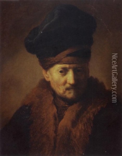 A Portrait Of An Old Man Wearing A Fur Lined Coat And A Black Kolpak Oil Painting -  Rembrandt van Rijn