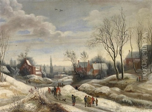 Blick Auf Verschneite Stadtlandschaft, Vorn Reisende Auf Einem Feldweg Oil Painting - Frans de Momper