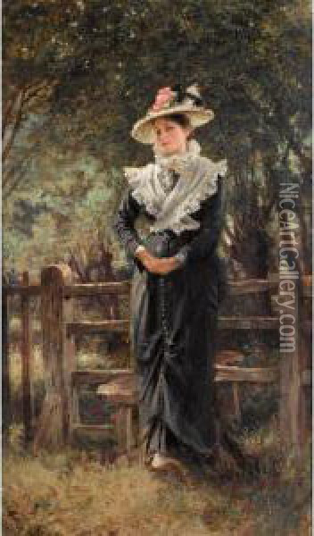 Portrait Of Miss Collinson Shedley Before A Stile Oil Painting - Keeley Halswelle