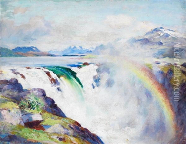 The Stora Sjofallet Waterfall /the Great Lake Waterfall/ Northern Sweden (lappland) Oil Painting - William Blair Bruce