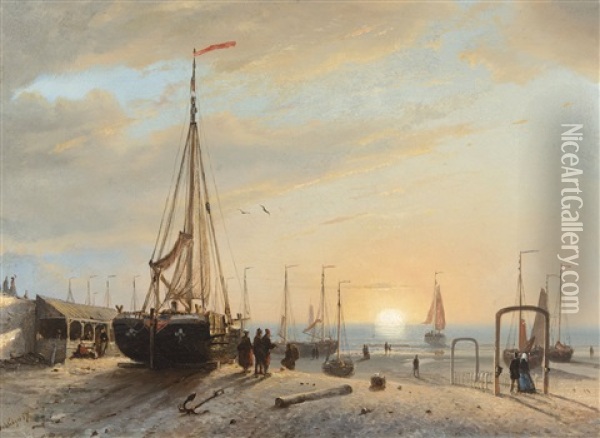 On The Beach At Sunset Oil Painting - Petrus Paulus Schiedges the Elder