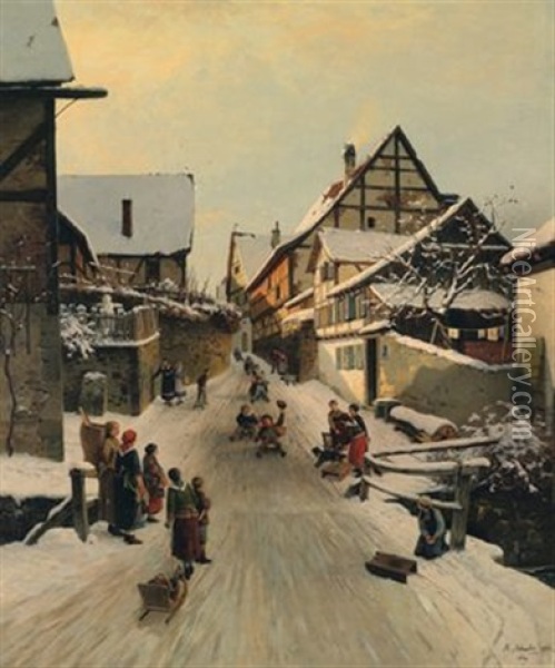 Die Rodelpartie, Winter Im Riesengebirge Oil Painting - Rudolf Schuster