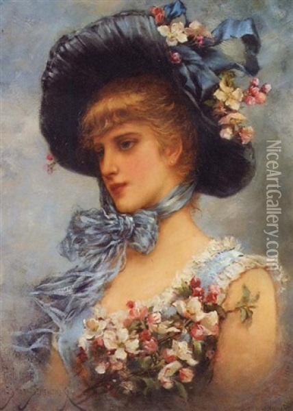 Elegante Au Chapeau Fleuri Oil Painting - Emile Eisman-Semenowsky