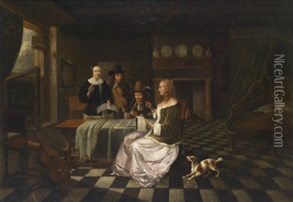 Burgerliches Interieur Mit Vier Personen Oil Painting - Pieter De Hooch