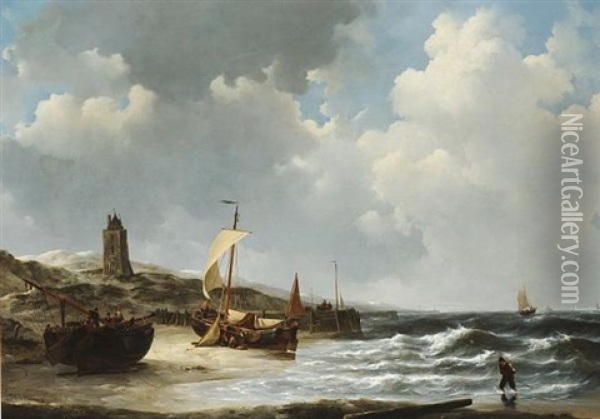 Fishing Boats On The Beach Near Egmond At Low Tide Oil Painting - Johannes Christiaan Schotel