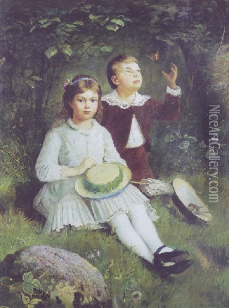 Sommerfuglen, Drengen Og Pigen Oil Painting - Olaf August Hermansen