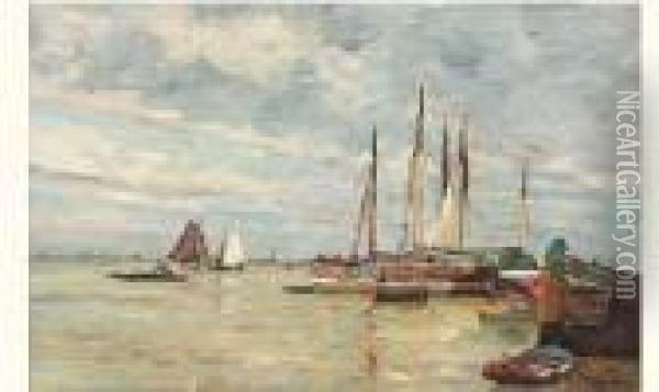 Voiliers Et Embarcations Dans Un Port Oil Painting - Edmond Marie Petitjean
