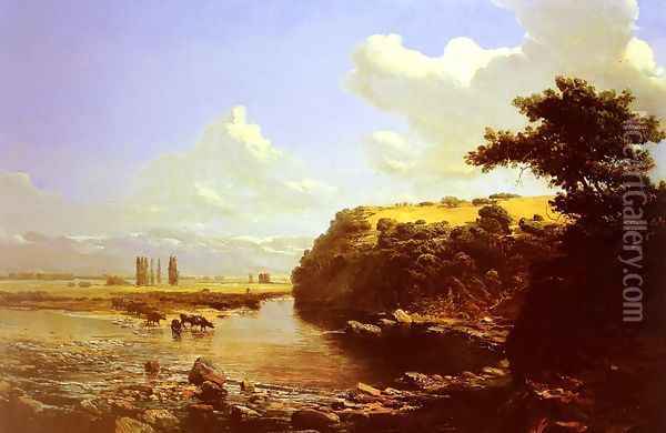 Cattle watering in a River Landscape, believed to be Chile Oil Painting - Thomas Jacques Somerscales