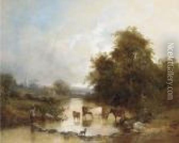 Cattle Watering At The Stepping Stones Oil Painting - Edward Charles Williams