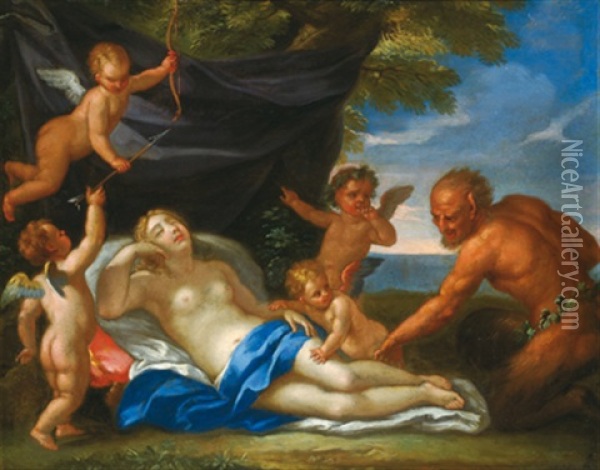 Jupiter In Gestalt Eines Satyrs Entdeckt Die Schlafende Antiope In Einer Landschaft Oil Painting - Carlo Maratta