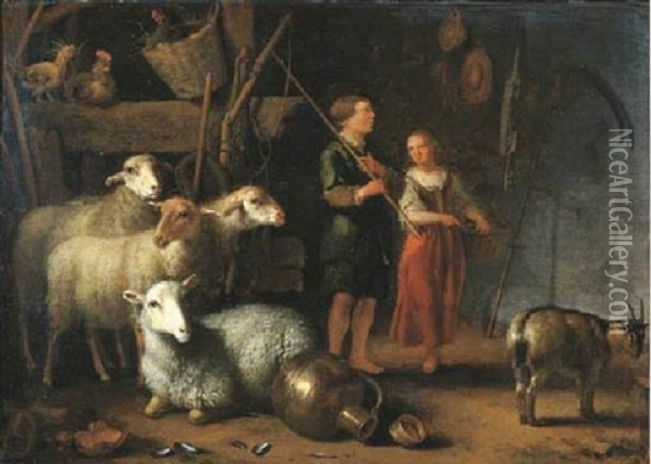 A Shepherd And A Shepherdess Conversing In A Stable Interior With Sheep, A Goat And Chickens Nearby Oil Painting - Abraham Van Calraet