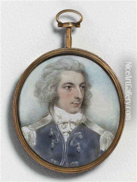 A Young Officer, In Blue-gray Coat With Silver Facings And Epaulettes, Frilled White Cravat, Powdered Hair, Sky Background Oil Painting - Andrew Plimer