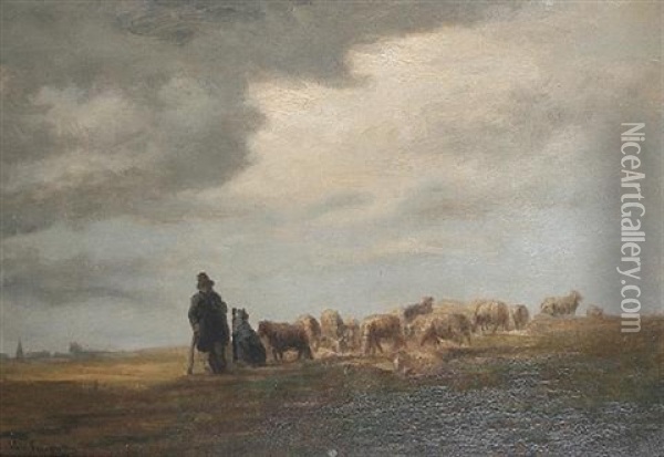 A Shepherd And His Flock In An Open Landscape Oil Painting - Cornelis van Leemputten