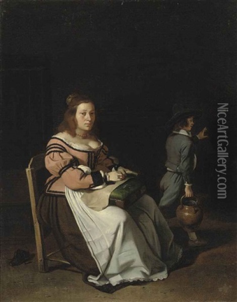 A Lady Sewing In An Interior Oil Painting - Michael Sweerts