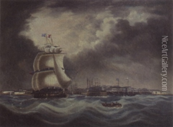 Ships Leving Harbor Oil Painting - Thomas Buttersworth